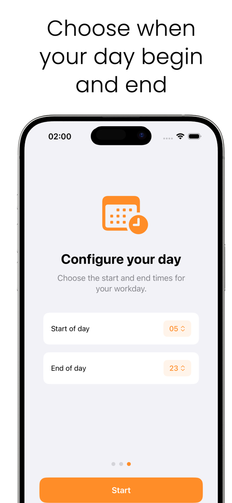 Interface de configuration des heures de début et de fin de la journée de travail dans l'application 15 Minutes Timer Tracker