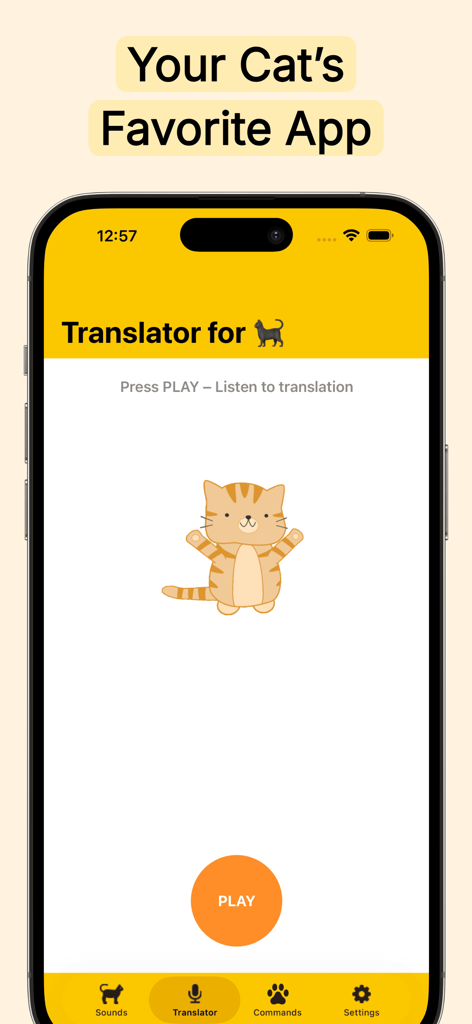 Cat Translator for Cats - A smartphone displaying the Cat Translator app interface with a cartoon cat and a play button.