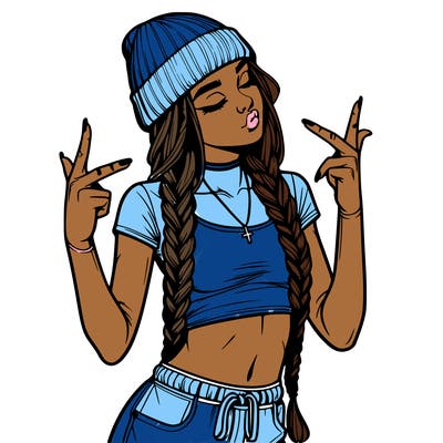 realistic teenage girl with braids and a beanie and crop top doing 🫶🏼