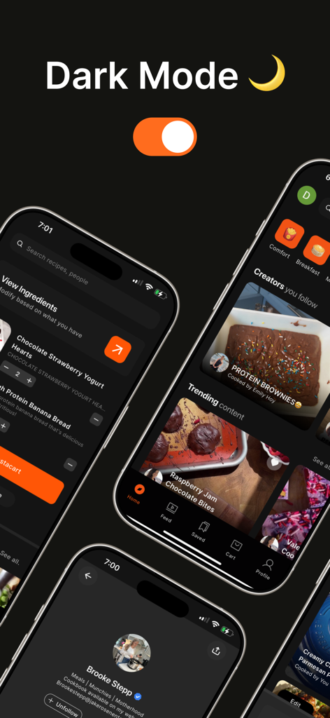 Sizzle - Discover, Shop, Cook! - Sizzle app interface showing dark mode with recipe feed and creator profile screens