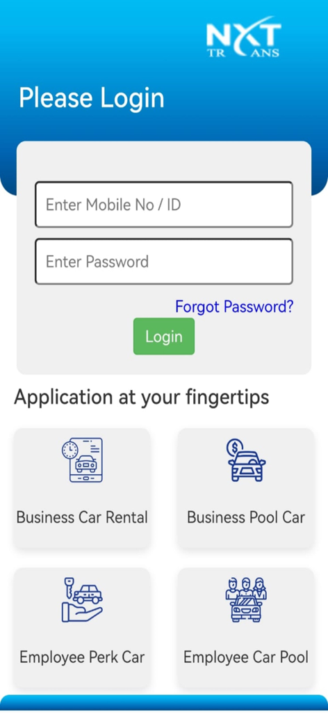 NXT TRANS - Tela de login do aplicativo NXT TRANS apresentando serviços de transporte corporativo, incluindo aluguel de carros e caronas.