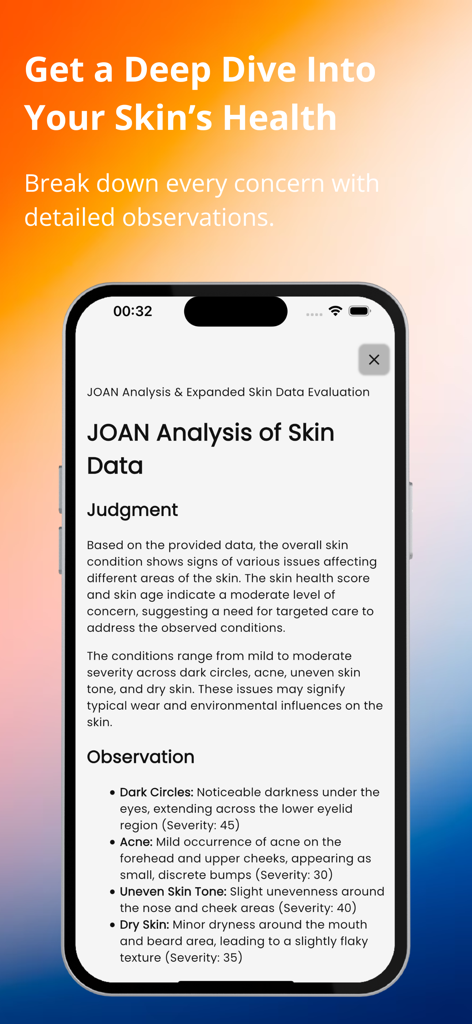 A screenshot of the SkinMama app showing a detailed AI skin analysis report with severity scores for acne, dark circles, and dry skin.