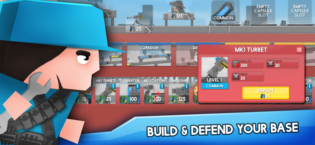 Clone Armiesの基地建設と防御インターフェース、MK1タレットの配備と基地の統計を表示