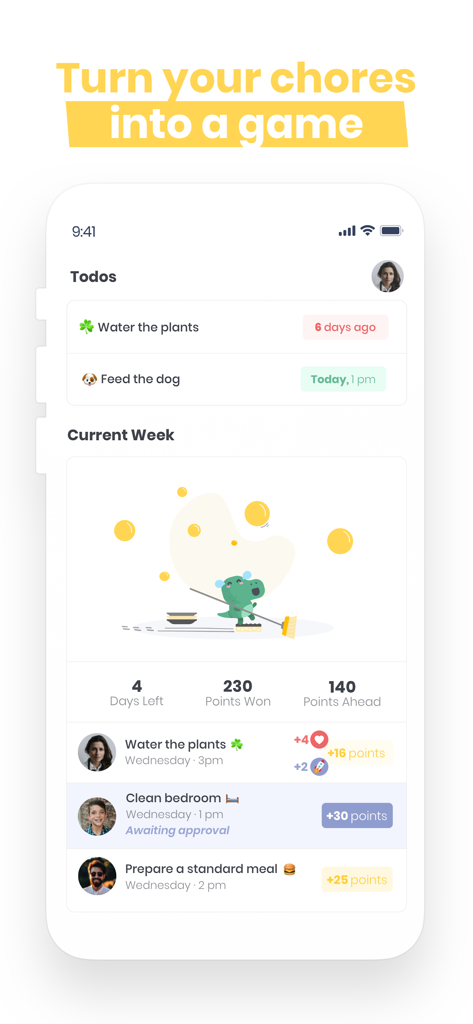 Nipto app interface showing household chores turned into a game with a points system and weekly leaderboard