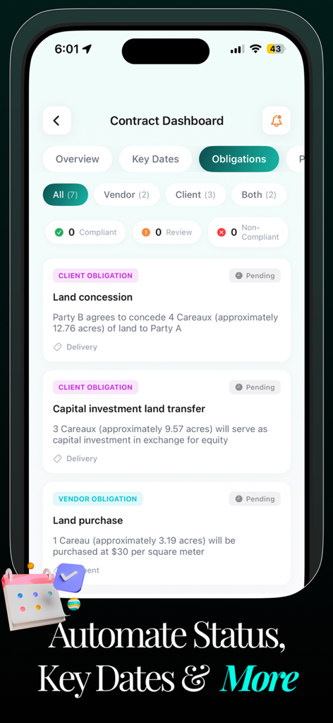Interfaz de la aplicación Legal Scan que muestra un panel para rastrear obligaciones y fechas límite de contratos.