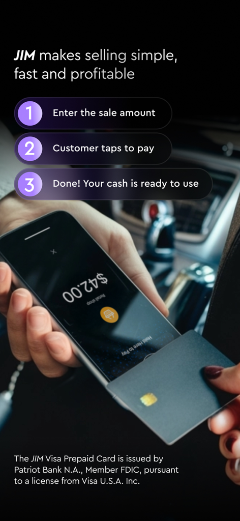 Processo in tre fasi per utilizzare l'app JIM per accettare pagamenti contactless su iPhone