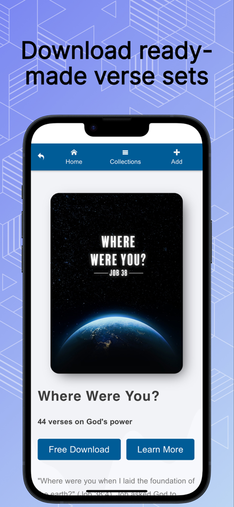 A mobile screen showing a downloadable Bible verse collection titled Where Were You about God's power in the VerseLocker app.