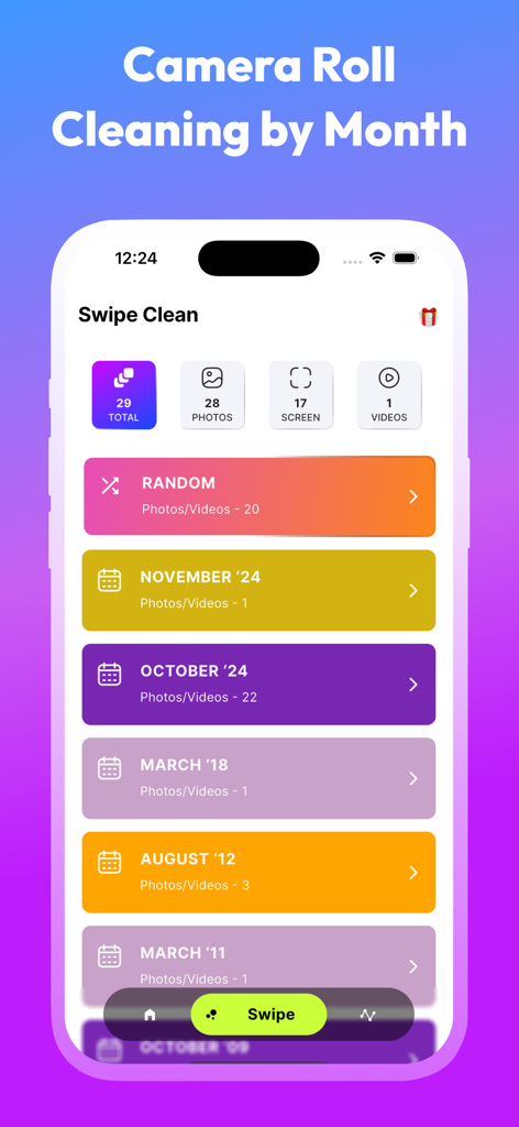 Swipe Cleaner: Clean Up Photos - Swipe Cleaner app interface displaying photo and video organization by month for easy cleaning