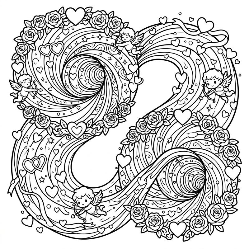 Unleash your creativity with this enchanting Valentine's Day wormhole coloring page, a unique blend of cosmic wonder and heartfelt romance. Featuring intricate patterns, playful cupids, and abundant roses, it offers a truly captivating artistic escape.