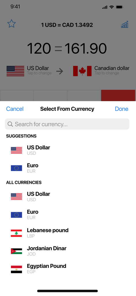 Currency Converter Calculator• - Interface of Currency Converter Calculator app showing a currency selection menu with country flags