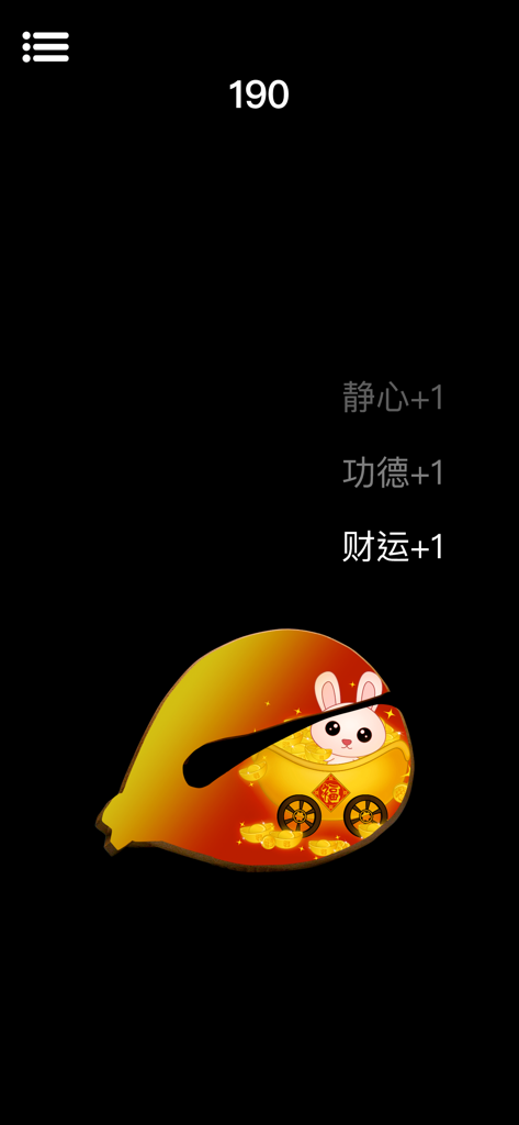 Interfaz de la aplicación de meditación Wooden Fish con una skin temática de conejo y texto flotante para mérito y fortuna