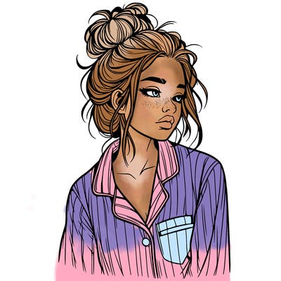 realistic woman with pajamas on and a messy bun