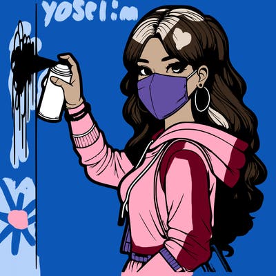 realistic girl with mask spray painting a wall