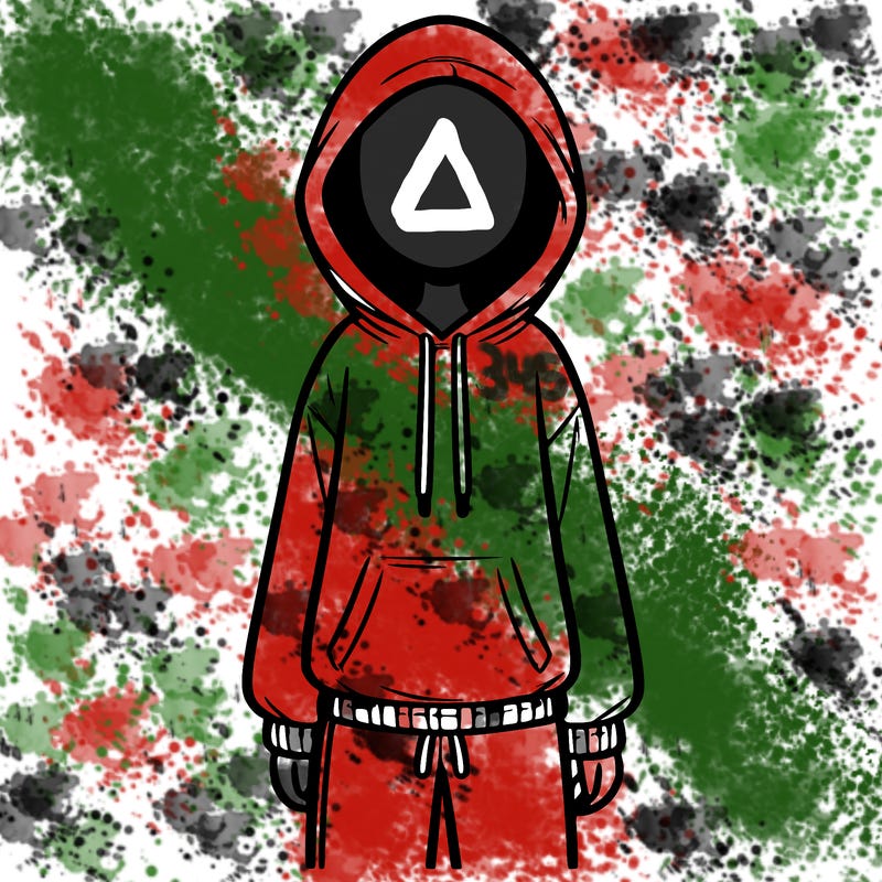 faceless girl in a tracksuit with a hood on and no hair