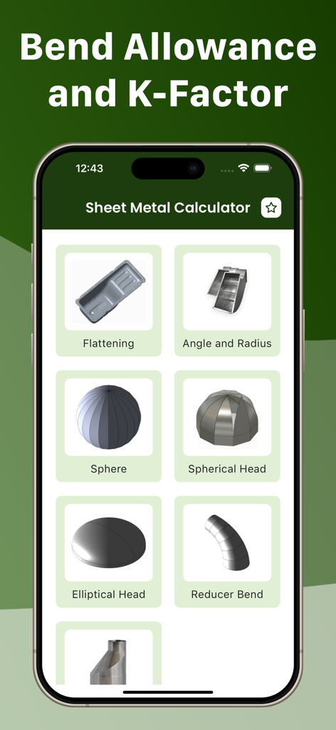 Benutzeroberfläche der Blech-Rechner-App, die Biegeradius- und K-Faktor-Optionen für Abflachungs-, Kugel- und Reduzierbiegungen anzeigt.