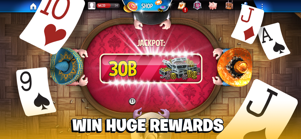 Governor of Poker 3 - Holdem - Vue de dessus d'une table de poker dans Governor of Poker 3 montrant des joueurs avec des chapeaux personnalisés et un jackpot de 30 milliards de jetons.