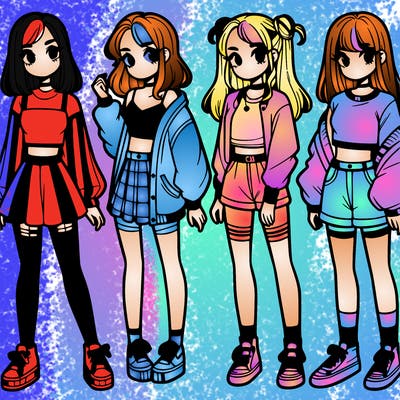 one girl with crop-top shirt and a jacket with a skirt, long socks and another girl with a shirt and pants with a jacket