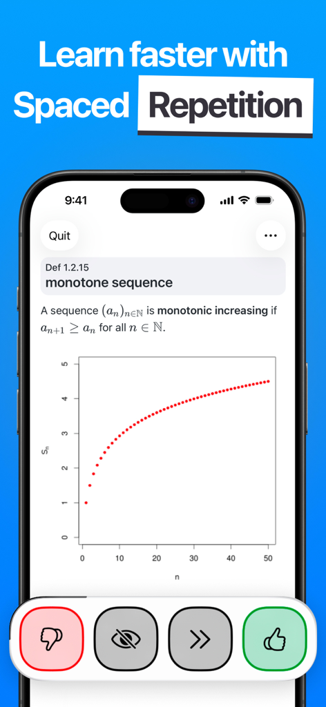 Flashtex: Study Flashcards - iPhone-Screenshot der Flashtex-App, die eine Mathematik-Karteikarte mit einem Graphen und LaTeX-Notation zeigt