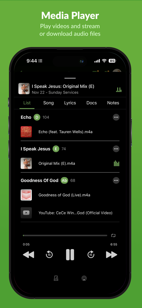 Media player screen in the Planning Center Services app displaying a list of worship songs and audio playback controls.