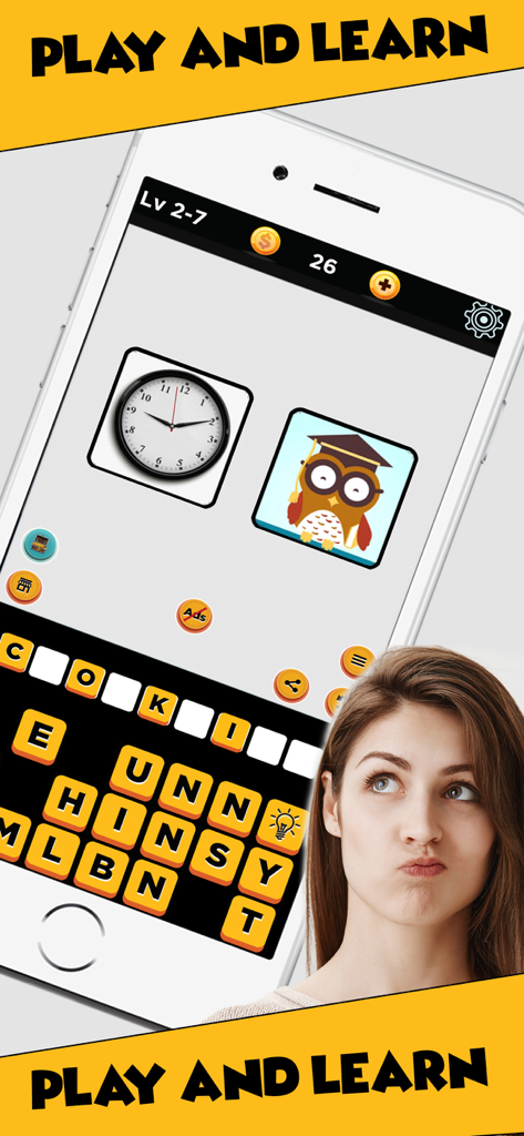 Guess the Pictures - Logo Quiz - A mobile phone screen showing a picture trivia game with a clock and an owl rebus puzzle.