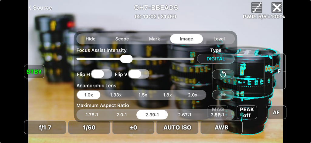 FieldMonitor - FieldMonitor app interface showing anamorphic lens and aspect ratio settings for professional video monitoring