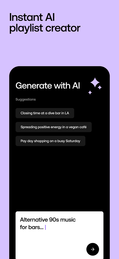 Interface of the Soundtrack music app showing the instant AI playlist creator for businesses with prompt suggestions