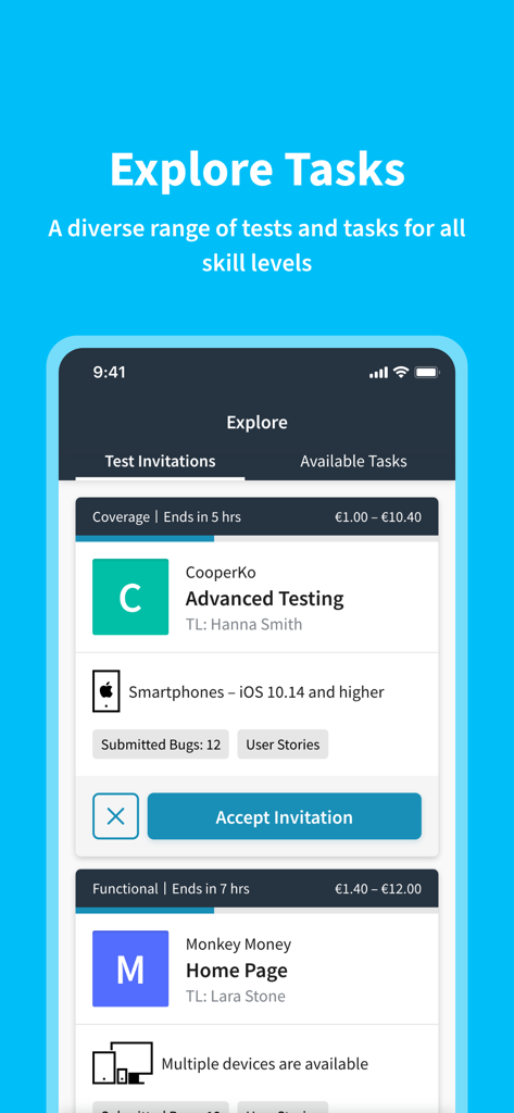 testNow - Crowdtesting - Una pantalla móvil de la app testNow que muestra invitaciones de crowdtesting freelance para proyectos de pruebas funcionales y avanzadas con detalles de pago.