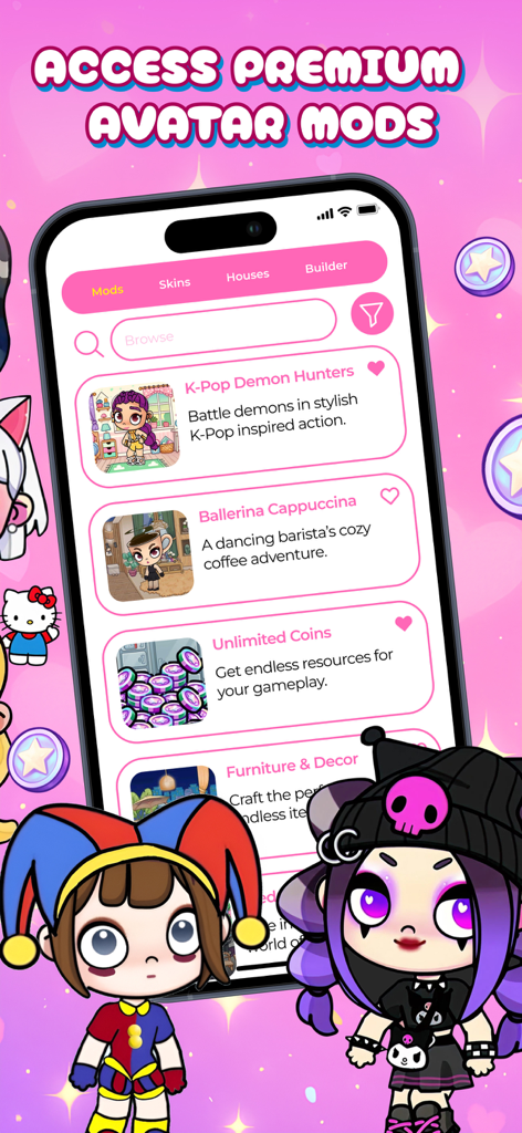 Cute Avatar World Mods, Houses - A mobile app interface displaying a list of premium mods for Avatar World characters and houses.