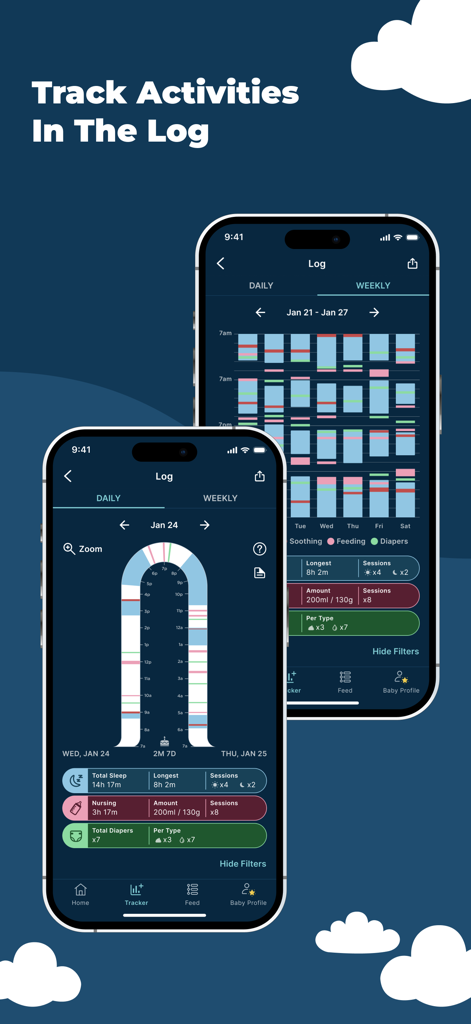 Happiest Baby app interface showing daily and weekly tracking logs for infant sleep nursing and diaper changes