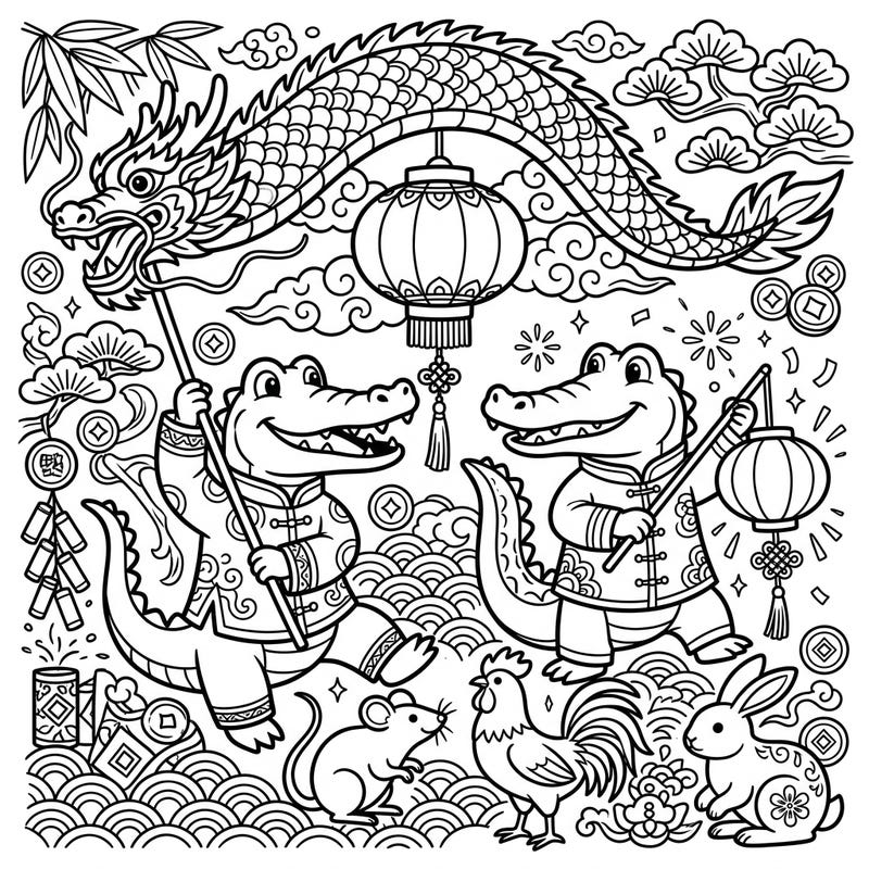 Join two festive crocodiles as they celebrate the Lunar New Year with a dazzling dragon dance and traditional lanterns. This unique coloring page brings together reptilian charm and vibrant cultural festivities for a memorable creative experience.