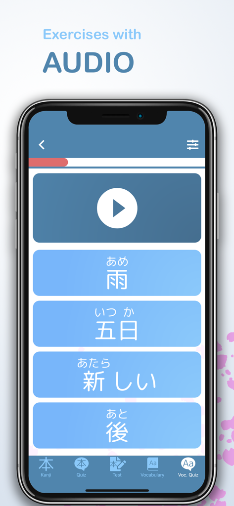 Kanji GO – Learn Japanese - Écran mobile montrant des exercices audio japonais avec des options de kanji et de vocabulaire.
