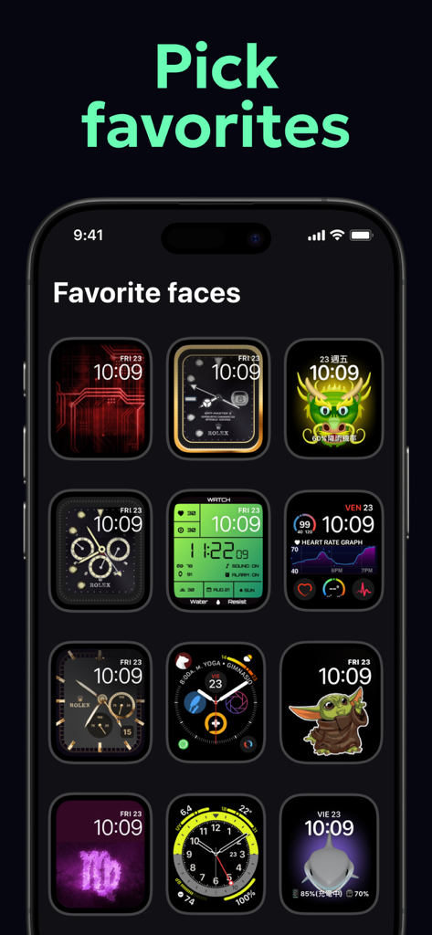 Watch Faces Live - AI Gallery - An iPhone screen displaying a variety of favorite Apple Watch face designs in a gallery view.