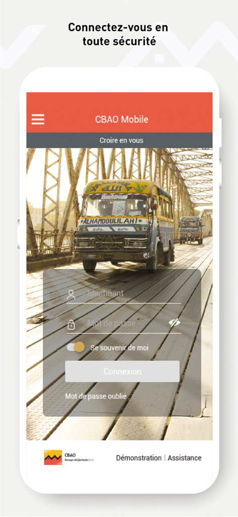 Ecrã de login seguro para a aplicação bancária CBAO Mobile com um fundo de transportes senegaleses