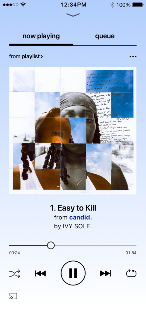 Bandcamp - Pantalla de reproducción de la aplicación Bandcamp que muestra la canción Easy to Kill de Ivy Sole con arte del álbum y controles de reproducción