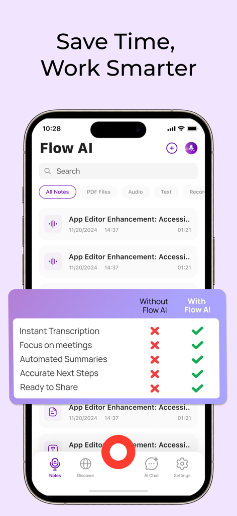Flow AI: Voice Note Taker App - Comparison of productivity features with and without Flow AI voice note taker showing benefits like instant transcription and automated summaries