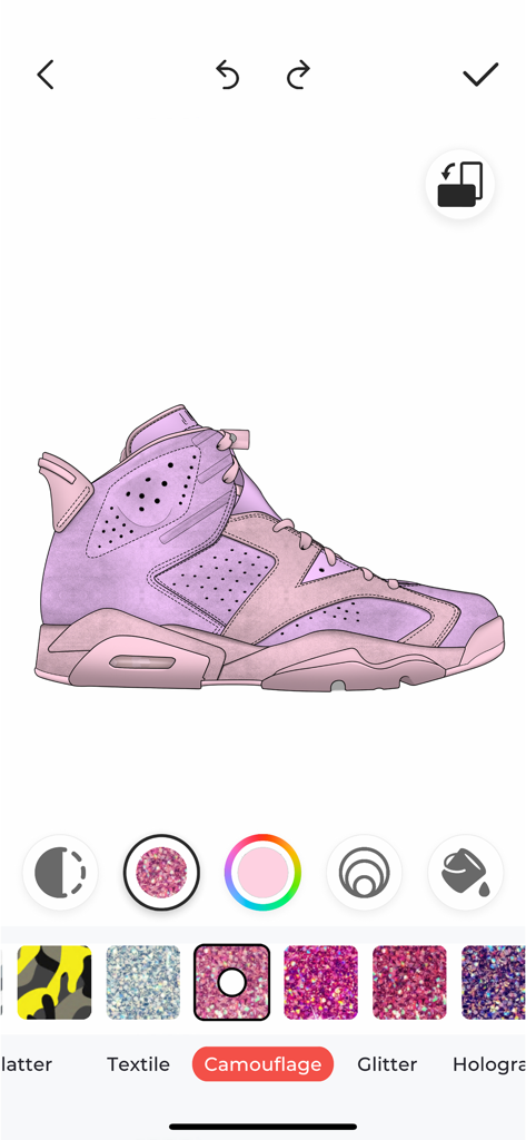 Custom Kicks - Interface of the Custom Kicks app showing a pink high-top sneaker being customized with various color and texture tools.