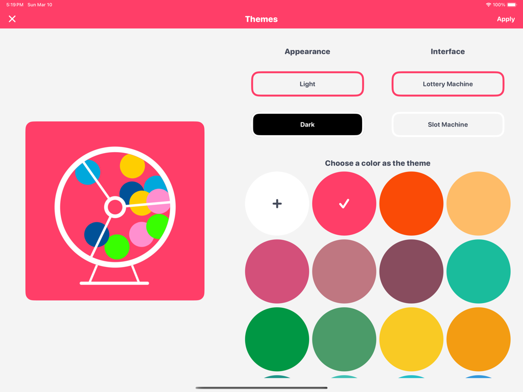 Pantalla de configuración de tema de Lucky Draw Pro mostrando la interfaz de selección de opciones de apariencia y una cuadrícula de opciones de temas de color.