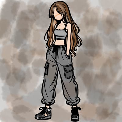 girl in baggy pants crop top and long hair