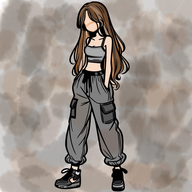 girl in baggy pants crop top and long hair