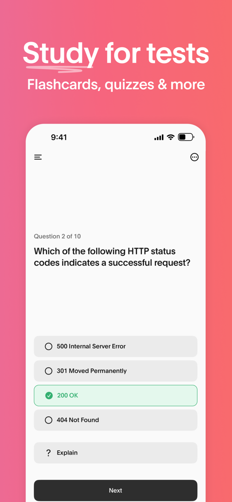 Atlas: AI Study Companion - Aplicativo Atlas AI Study Companion exibindo uma questão de quiz de múltipla escolha sobre códigos de status HTTP com a resposta correta destacada em verde.