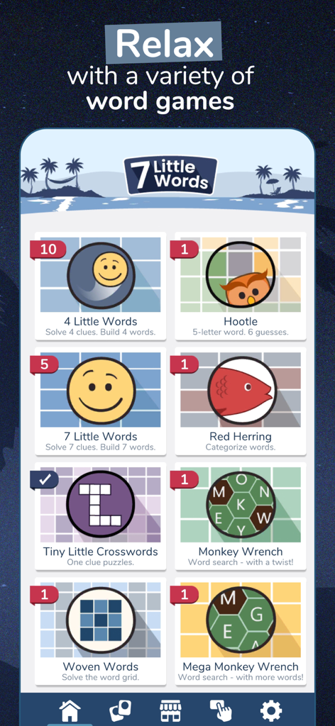 The main menu of 7 Little Words and More app displaying various word game options like Red Herring and Monkey Wrench
