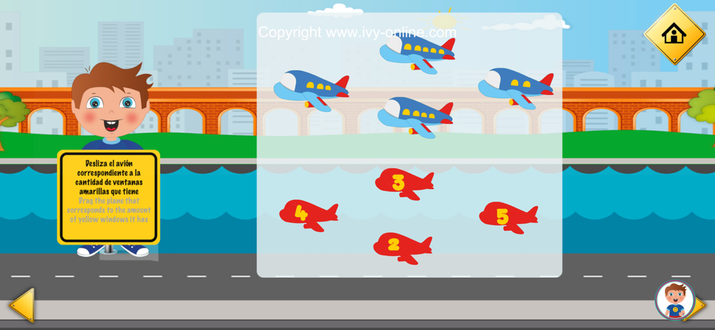 Ivy Transportation - Bilingual counting and matching activity featuring blue airplanes with different numbers of windows