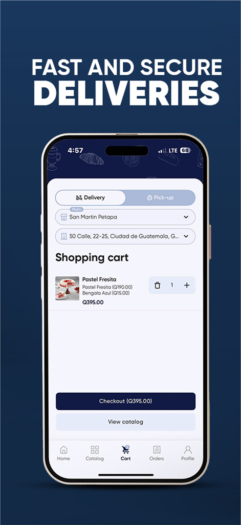 Carrito de compras de la app San Martín mostrando un pastel de fresa a domicilio