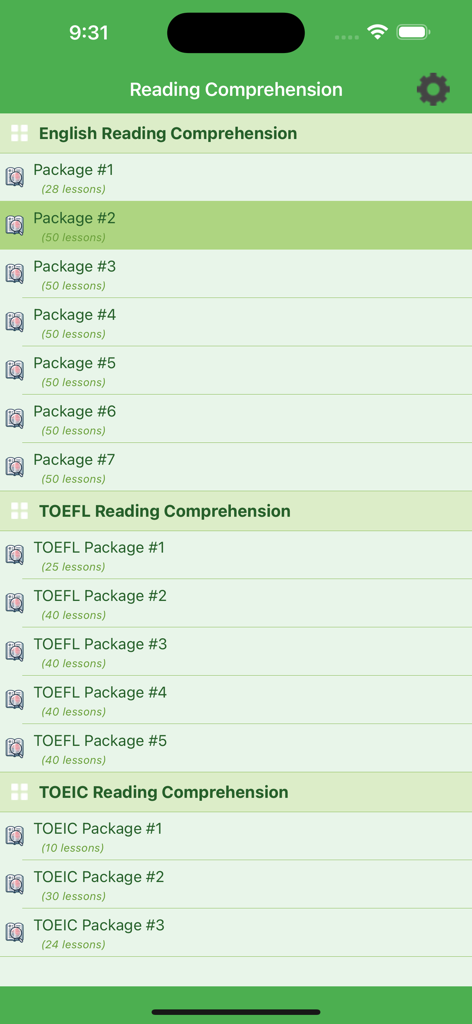 English Reading + - English Reading Plus app screen showing a menu of reading comprehension lessons for TOEFL and TOEIC exams.