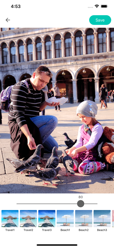 Camera 720 - Tela de edição de fotos do aplicativo Camera 720 com filtros de viagem e praia