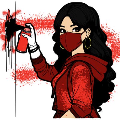 realistic girl with mask spray painting a wall