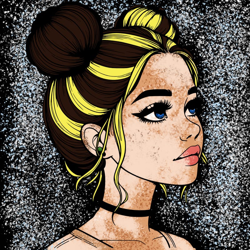 realistic girl with buns on the top of her head