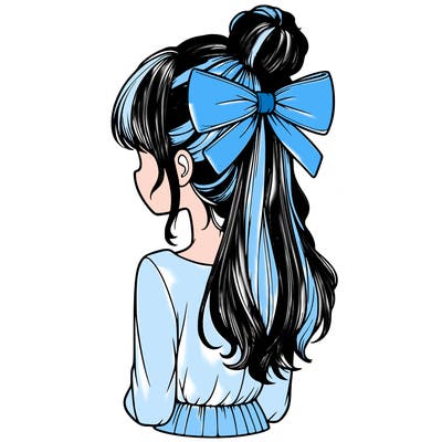 realistic girl  with hip length hair a bun and a big bow on the back of head