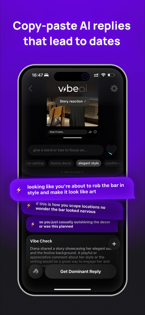Vibe App‎ - Smartphone screen showing Vibe App generating witty AI responses for dating app conversations.