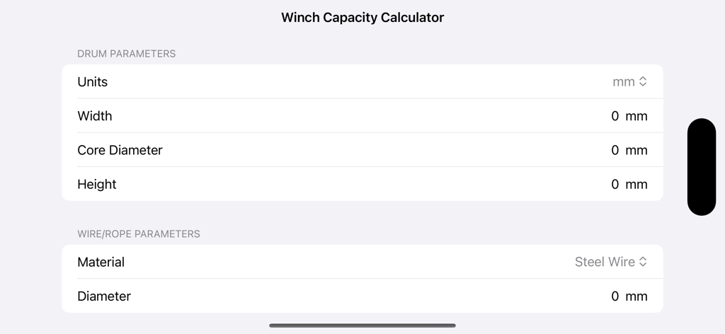 Winch Calculator: Wire Length - Interfaz de la calculadora de capacidad de cabrestante que muestra campos de entrada para parámetros del tambor y especificaciones del cable de acero
